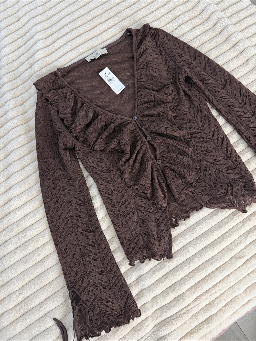 LOFT Chocolate Brown Ruffle Knit Button-Front Cardigan